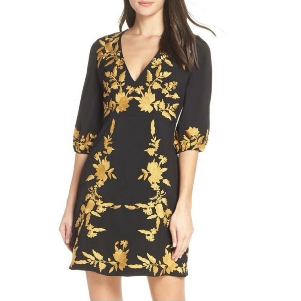 Foxiedox Melia Black Dress and Gold Embroidered Floral Size S